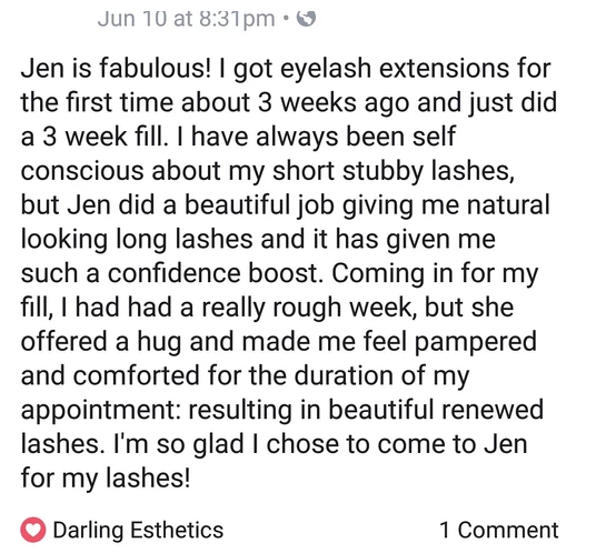 A facebook post from Jen is fabulous i got eyelash extensions for the first time about 3 weeks ago and just did a 3 week fill