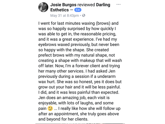 A facebook page for Darling Esthetics shows a review