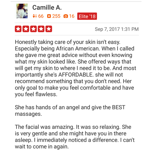 A woman is giving a review on yelp for Camille a.