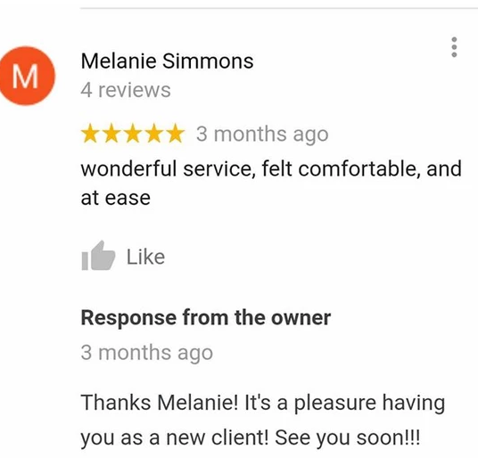 A Google review for Melanie Simmons shows a wonderful service felt comfortable and at ease
