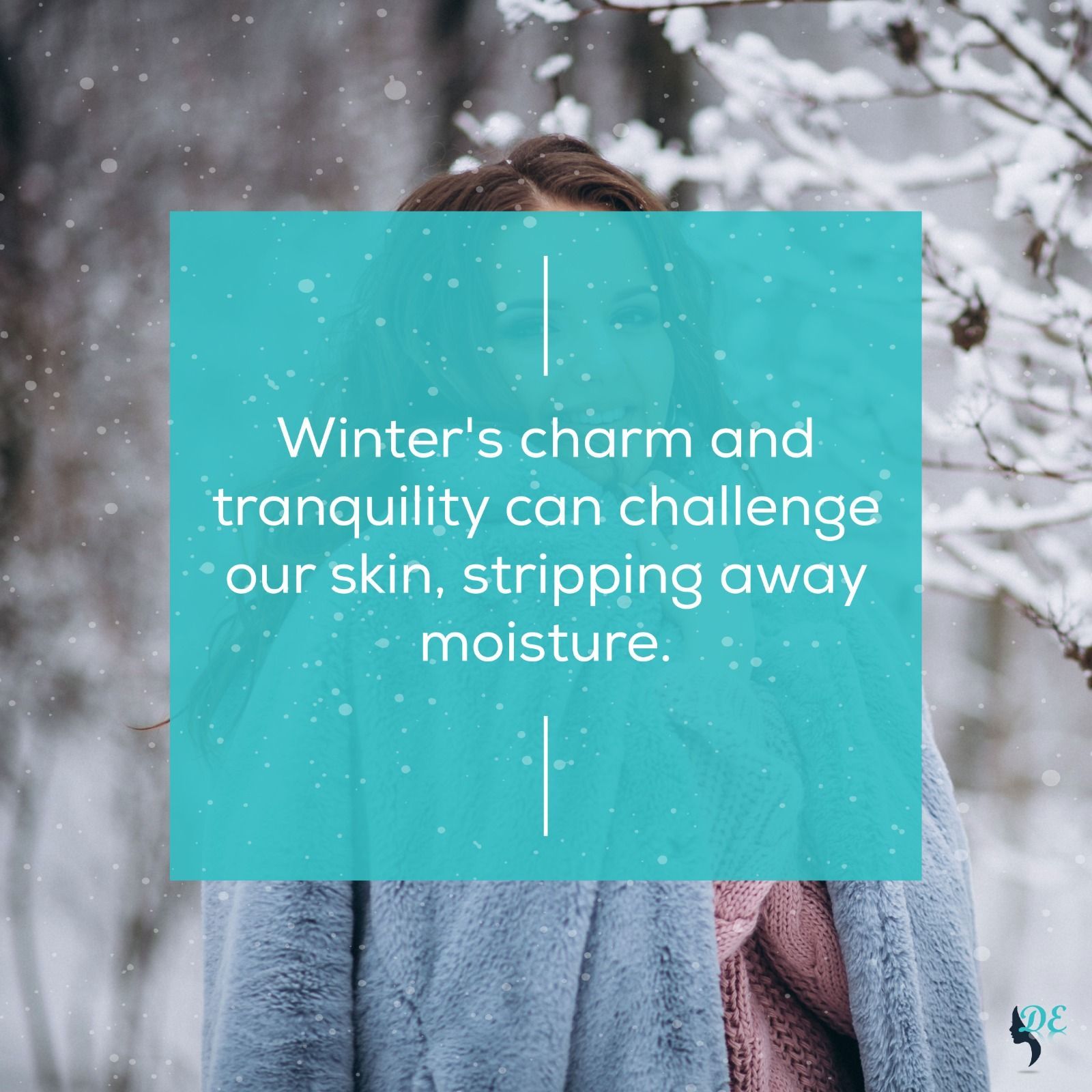 A woman is standing in the snow with a quote about winter 's charm and tranquility.