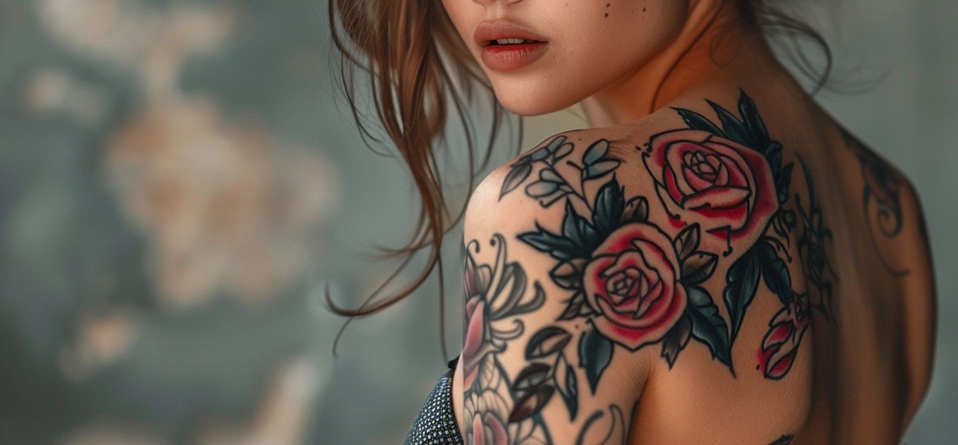 A woman with tattoos on her arms is sitting on a couch reading a piece of paper.