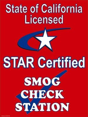 A red sign that says state of california licensed star certified smog check station