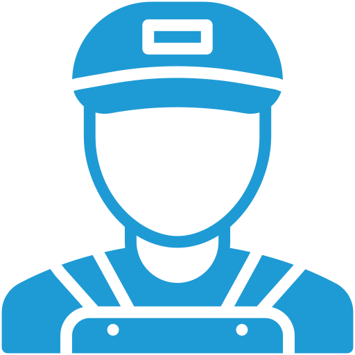 a blue icon of a man wearing a hat and apron .