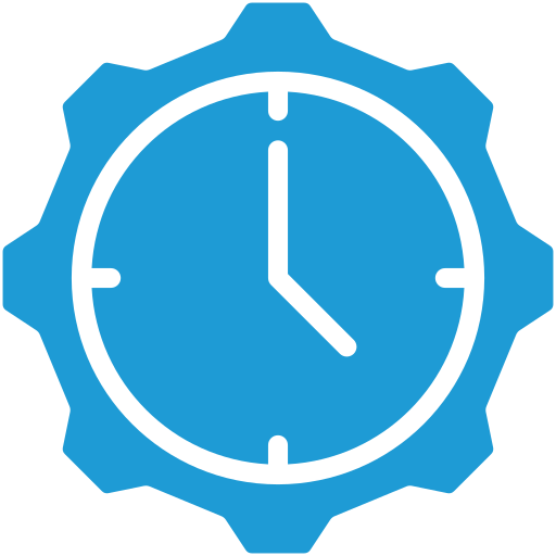 a blue gear with a clock inside of it .