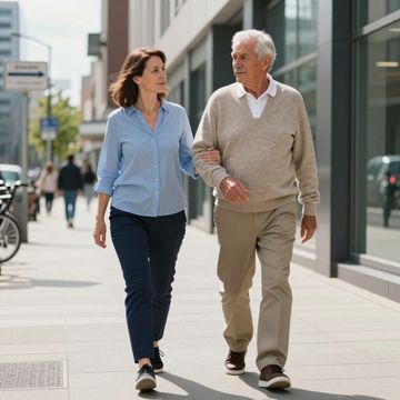 Eine Frau in blauem Hemd hilft einem Mann beim Gehen auf dem Bürgersteig.