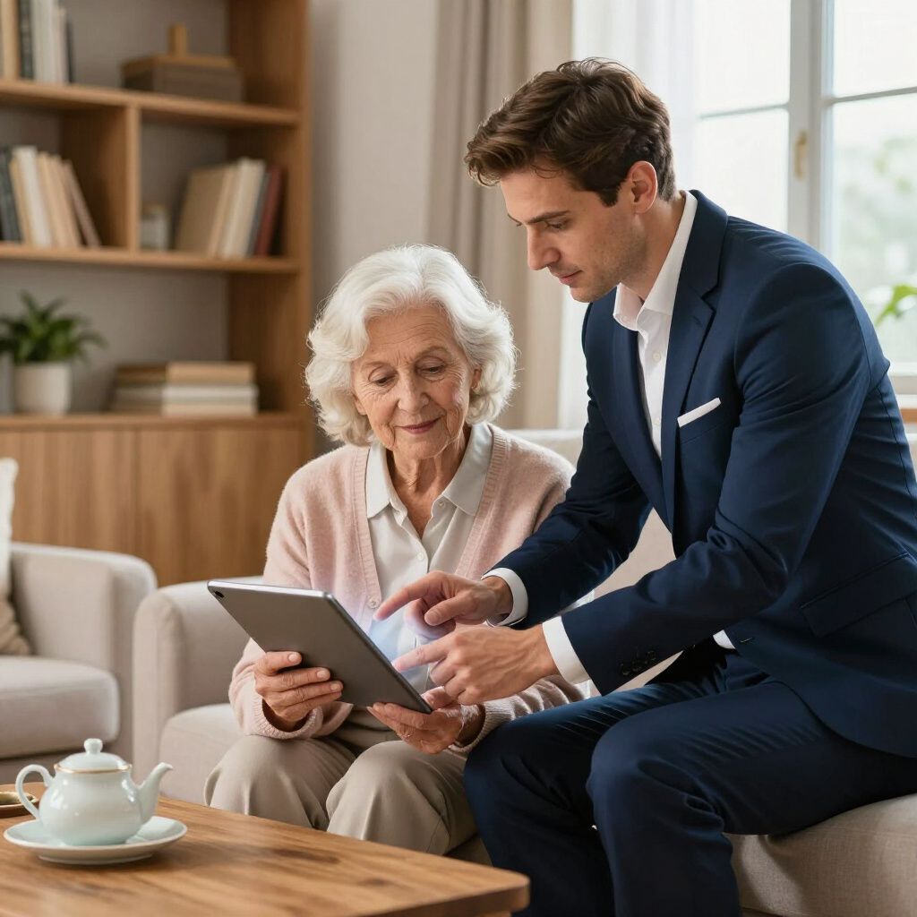 Ein Mann im Anzug zeigt im Wohnzimmer auf den Bildschirm eines Tablets für eine ältere Frau.