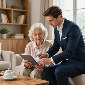 Ein Mann im Anzug zeigt im Wohnzimmer auf den Bildschirm eines Tablets für eine ältere Frau.