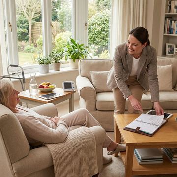 Eine Frau im Blazer zeigt lächelnd einer älteren Person in einem Wohnzimmer ein Klemmbrett.
