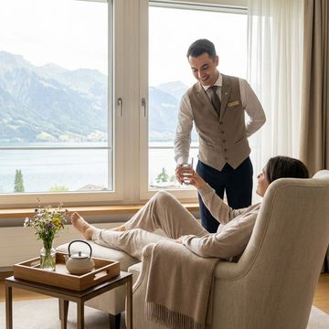 Eine Person in Loungewear entspannt sich, während ein Mitarbeiter ein Getränk anbietet; See und Berge sind zu sehen.