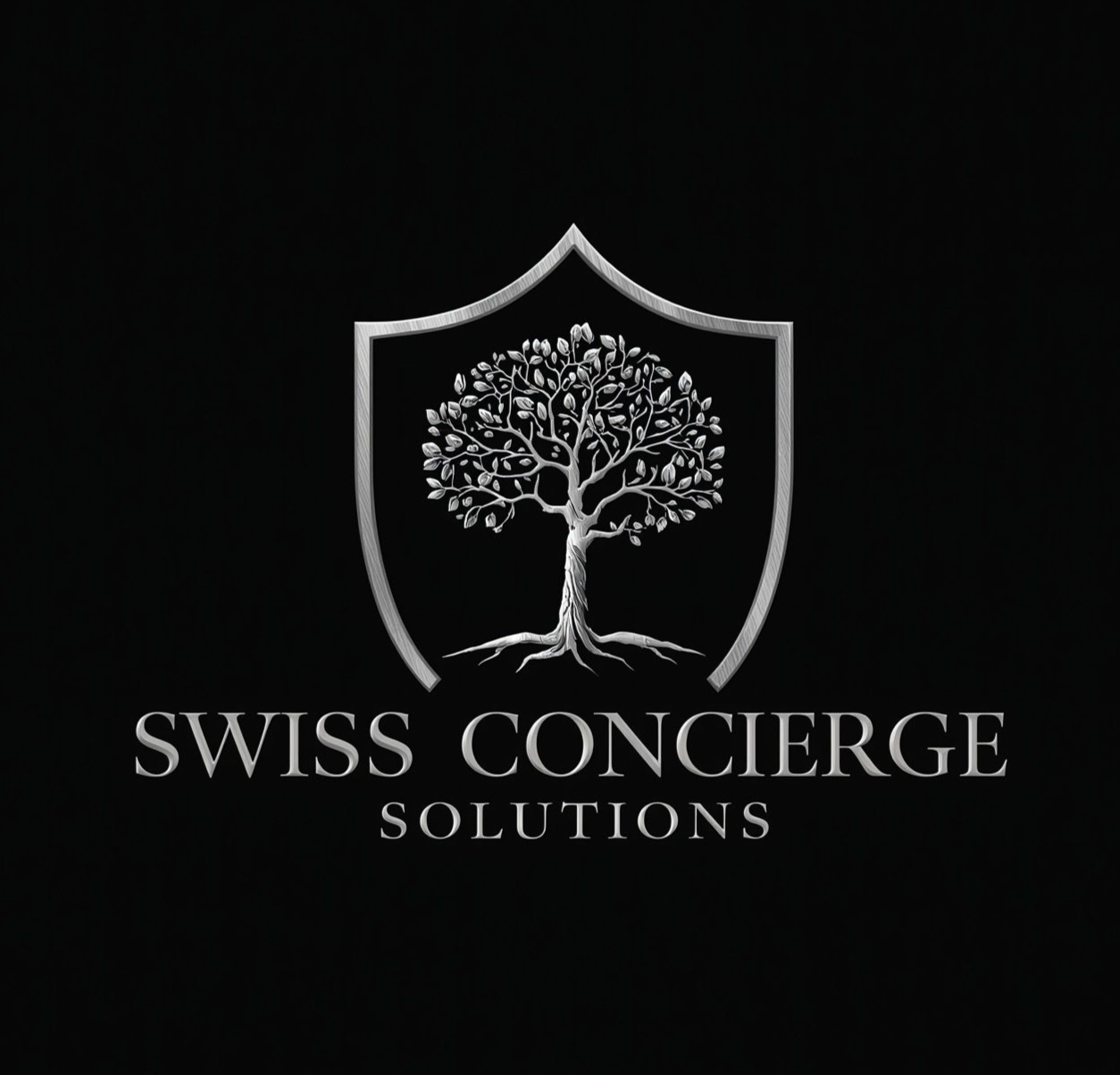 Silbernes Schildlogo mit Baum und dem Schriftzug „Swiss Concierge Solutions“ auf dunkelblauem Hintergrund.