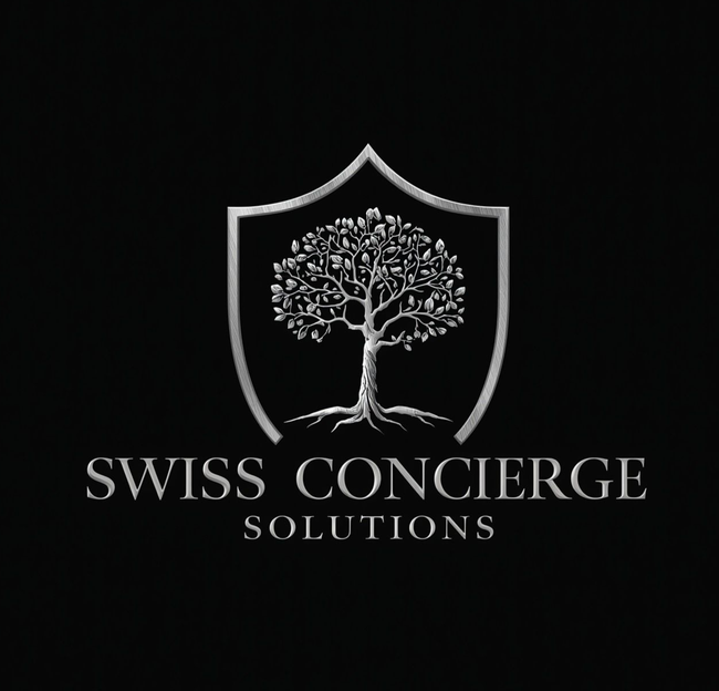 Logo mit silbernem Baum im Schild für Swiss Concierge Solutions auf schwarzem Hintergrund.