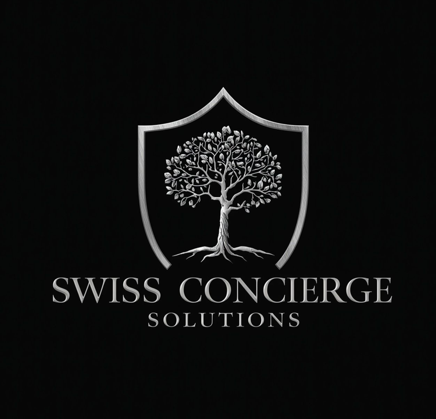 Silbernes Schildlogo mit Baum und dem Schriftzug „Swiss Concierge Solutions“ auf dunkelblauem Hintergrund.