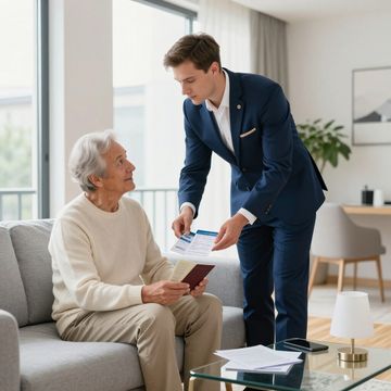 Ein junger Mann im Anzug überreicht einem älteren Menschen, der auf einem Sofa sitzt, Dokumente. Wohnzimmerszene.