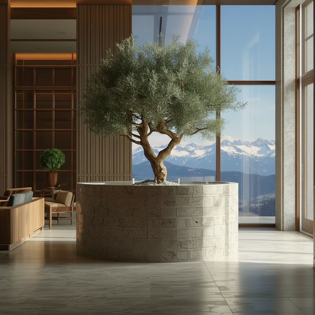 Eine sonnendurchflutete Lobby mit einem Olivenbaum in einem Steinkübel und Blick auf die Berge.