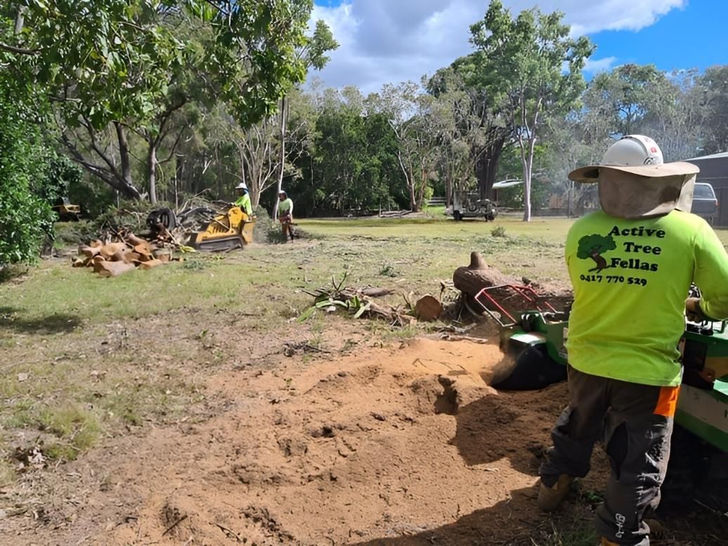 A Man in a Yellow Shirt is Standing in a Field Next to a Tree Stump — Active Tree Fellas in Torbanlea, QLD