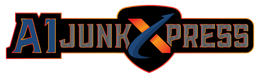 The logo for A1 Junk Xpress featuring a bold, dark blue and orange "X" shaped like an arrow inside a black shield.