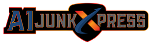The logo for A1 Junk Xpress featuring a bold, dark blue and orange "X" shaped like an arrow inside a black shield.