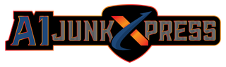 The logo for A1 Junk Xpress featuring a bold, dark blue and orange "X" shaped like an arrow inside a black shield.