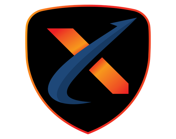 A black shield logo featuring a stylized orange 