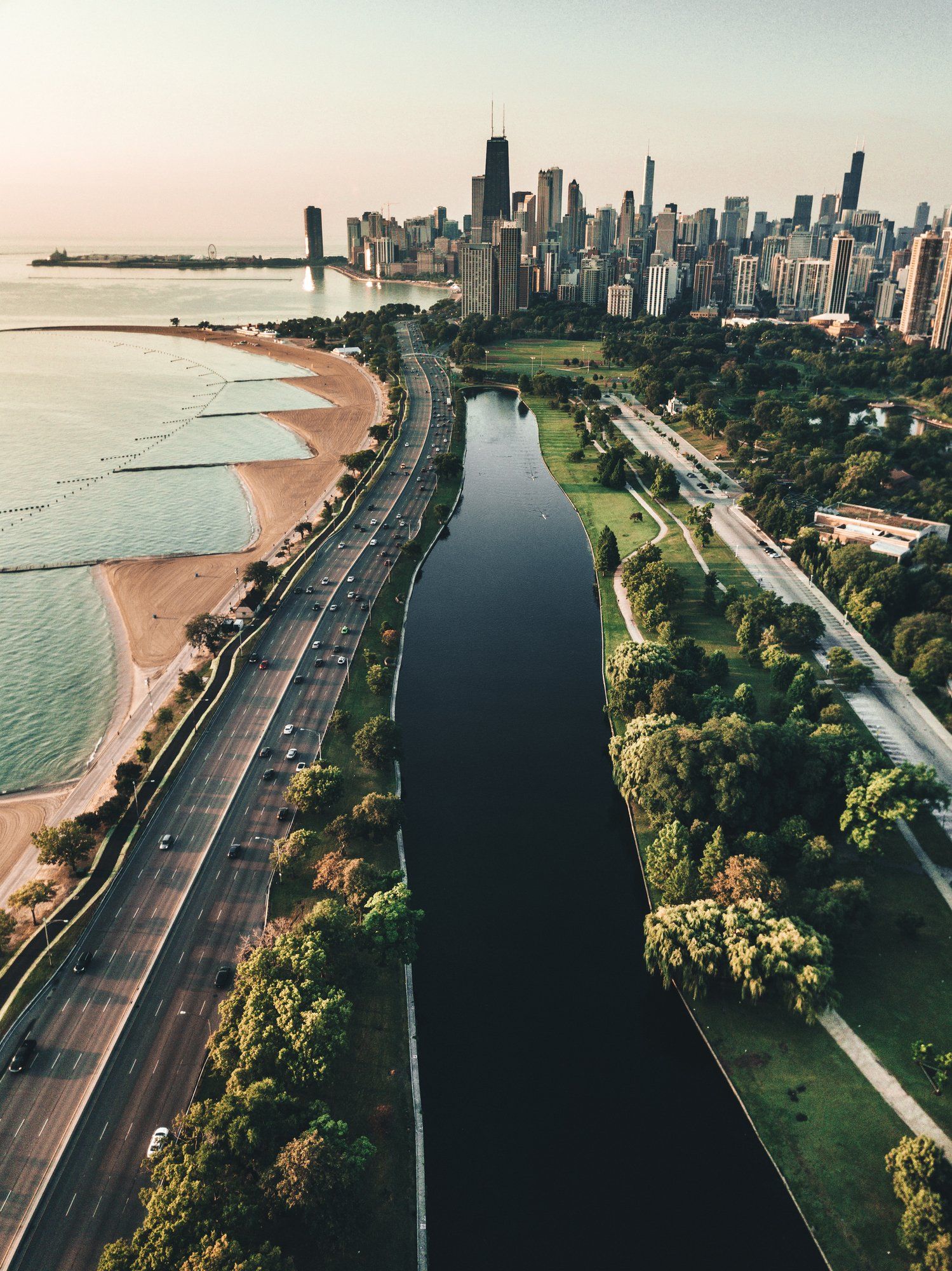 aerial view of city and river