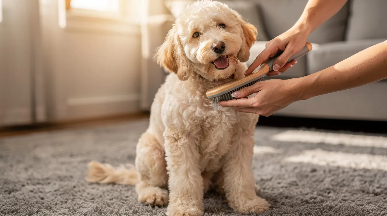 A playful labradoodle puppy with a curly coat is being gently brushed at home, showcasing its affectionate nature and vibrant personality. The scene captures the bond between the puppy and its owner, highlighting the importance of grooming for these non-shedding dogs.