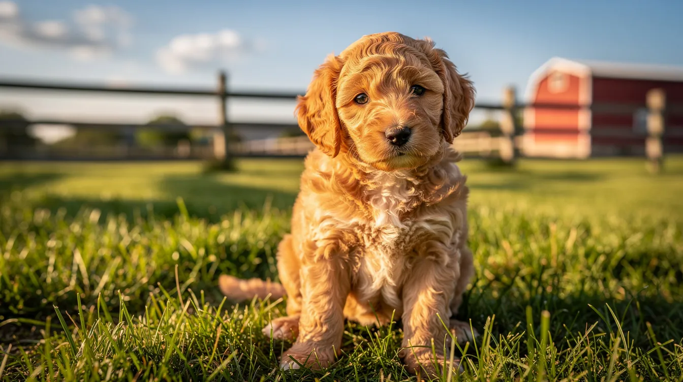 A fluffy goldendoodle puppy sits happily in lush green grass on a sunny farm, embodying the perfect combination of cuteness and playful energy. This sweet puppy is a great example of the exceptional health and outstanding temperament that responsible breeders strive for in their breeding programs.