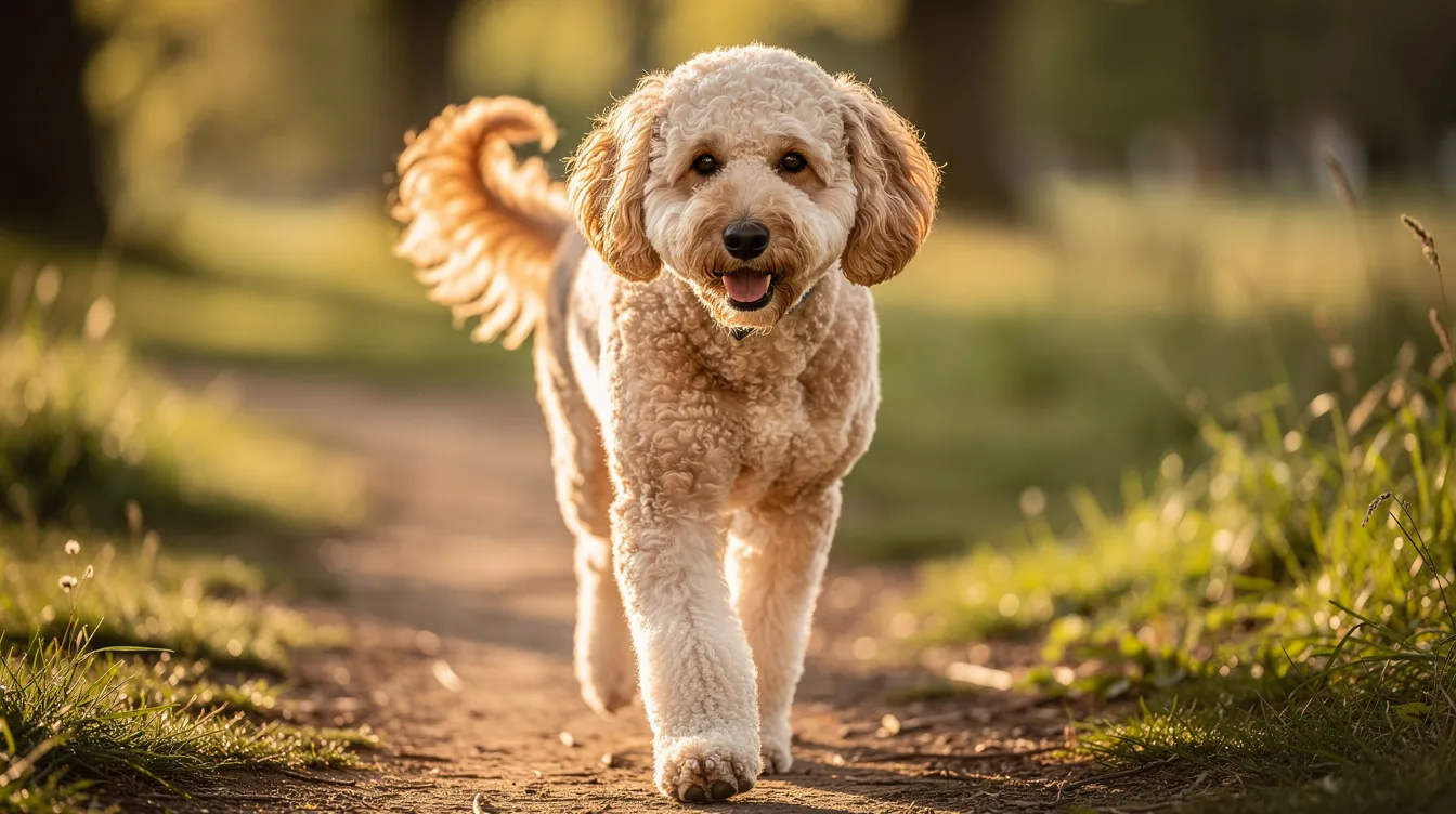 A joyful adult goldendoodle with a teddy bear face walks happily outdoors, showcasing its friendly demeanor and outstanding temperament. This family companion embodies the characteristics of healthy dogs, making it a perfect addition for puppy owners and families alike.