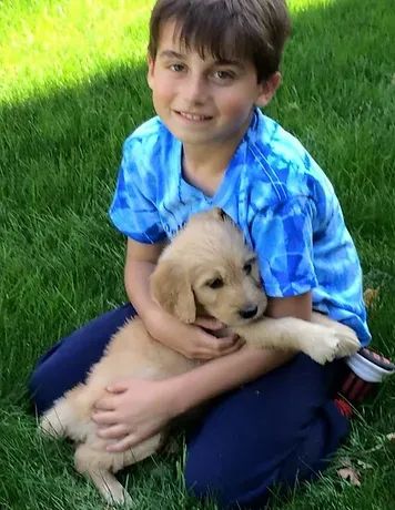 A young boy in a blue shirt is holding a puppy