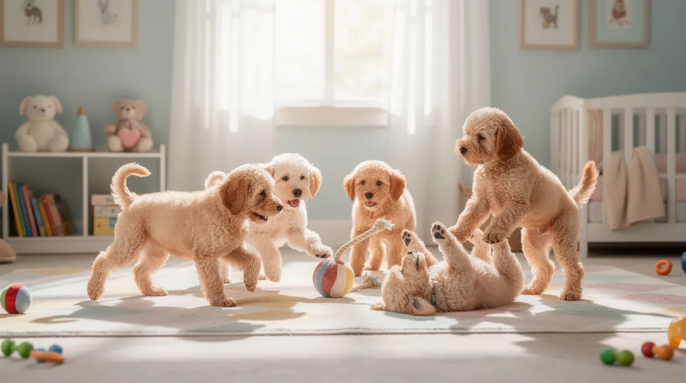 A group of playful goldendoodle puppies are happily interacting in a bright nursery room, showcasing their sweet personalities and outstanding temperament. This scene highlights the importance of early socialization for these adorable pups, making them perfect family companions.