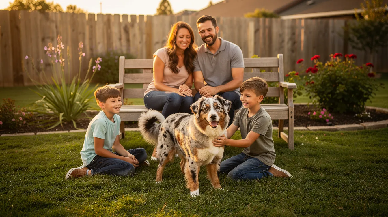A happy family is sitting in a park with their Aussiedoodle, a hypoallergenic dog known for its low shedding qualities. The children are playing with the dog, showcasing the strong bond and affection that makes this breed a great companion for families, especially those concerned about dog allergies.