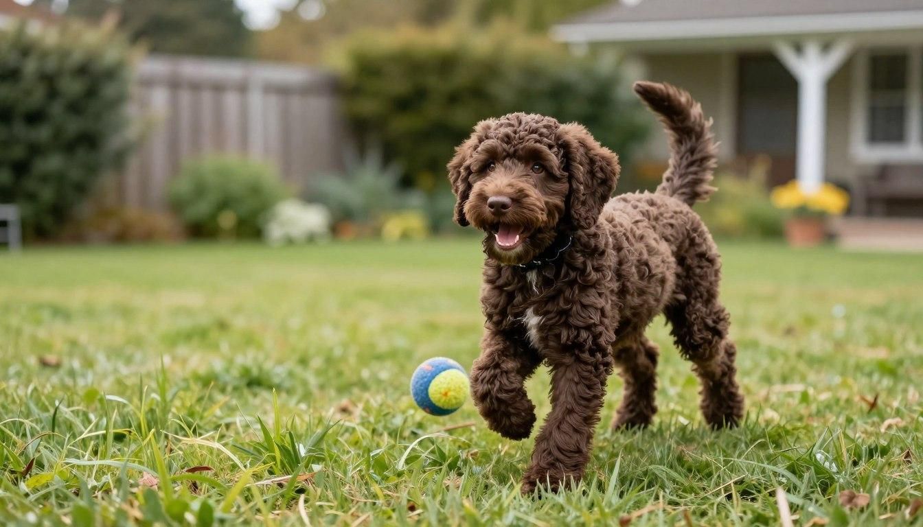 Brown Goldendoodle dog running on grass, chasing a ball.