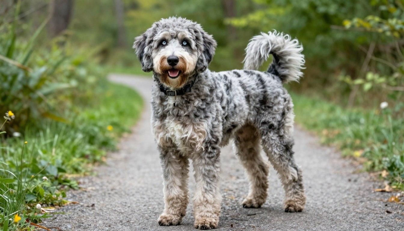 Merle Goldendoodle standing on a path, with a forest background.