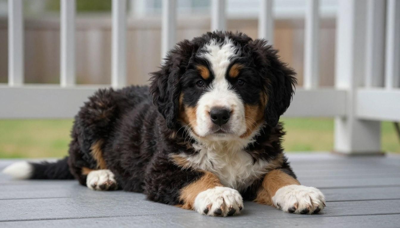 Bernese Mountain Dog puppy with black, white, and brown fur, lying on a wooden deck.