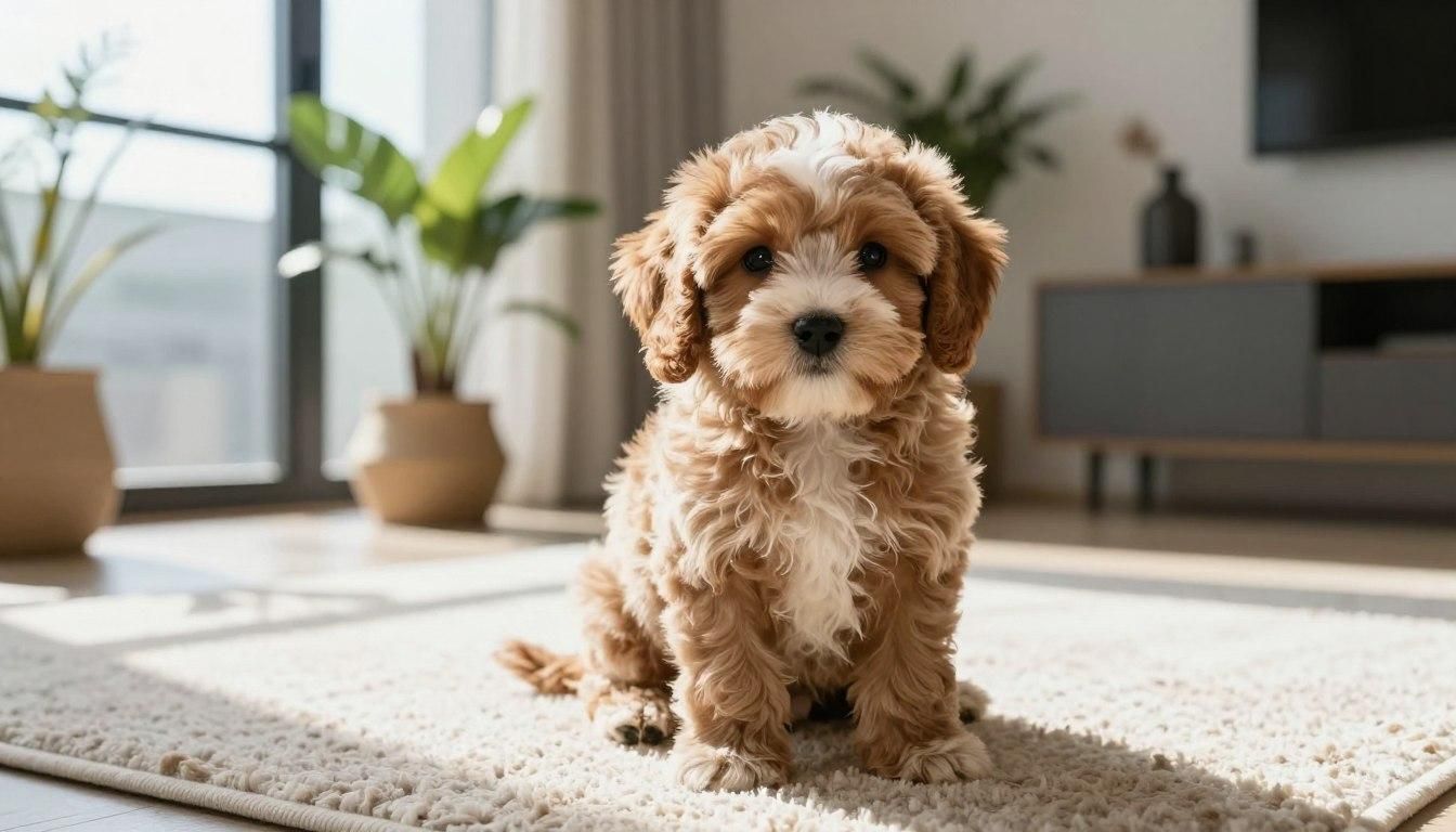 Cute, fluffy, brown and white dog sitting on a rug indoors, looking at the viewer.