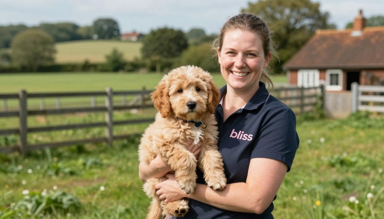 Woman in navy shirt holding a golden doodle puppy outside; smiles at camera, field in the background.