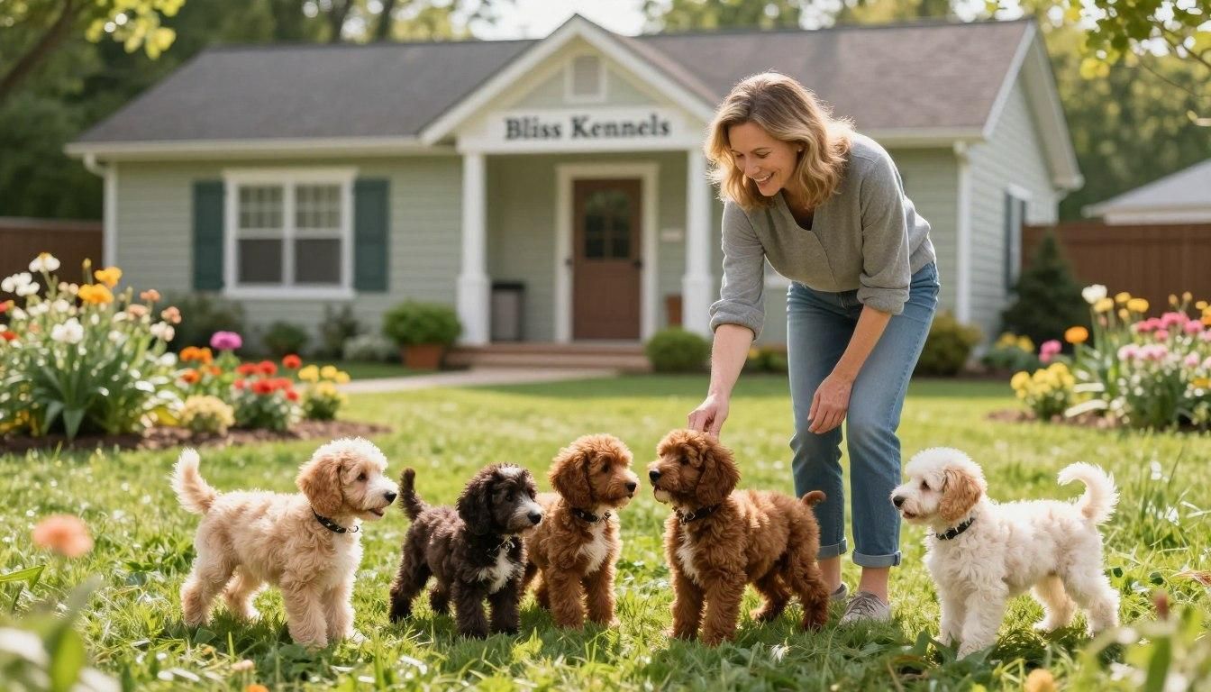 Woman petting puppies in front of a kennel building.