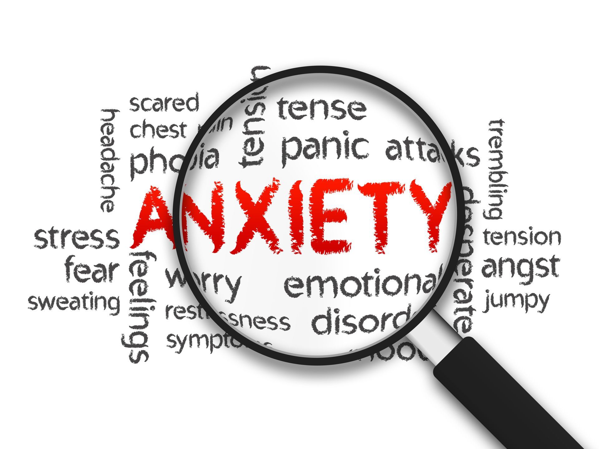 Magnifying glass over the word ANXIETY in red, surrounded by related stress words on a white background
