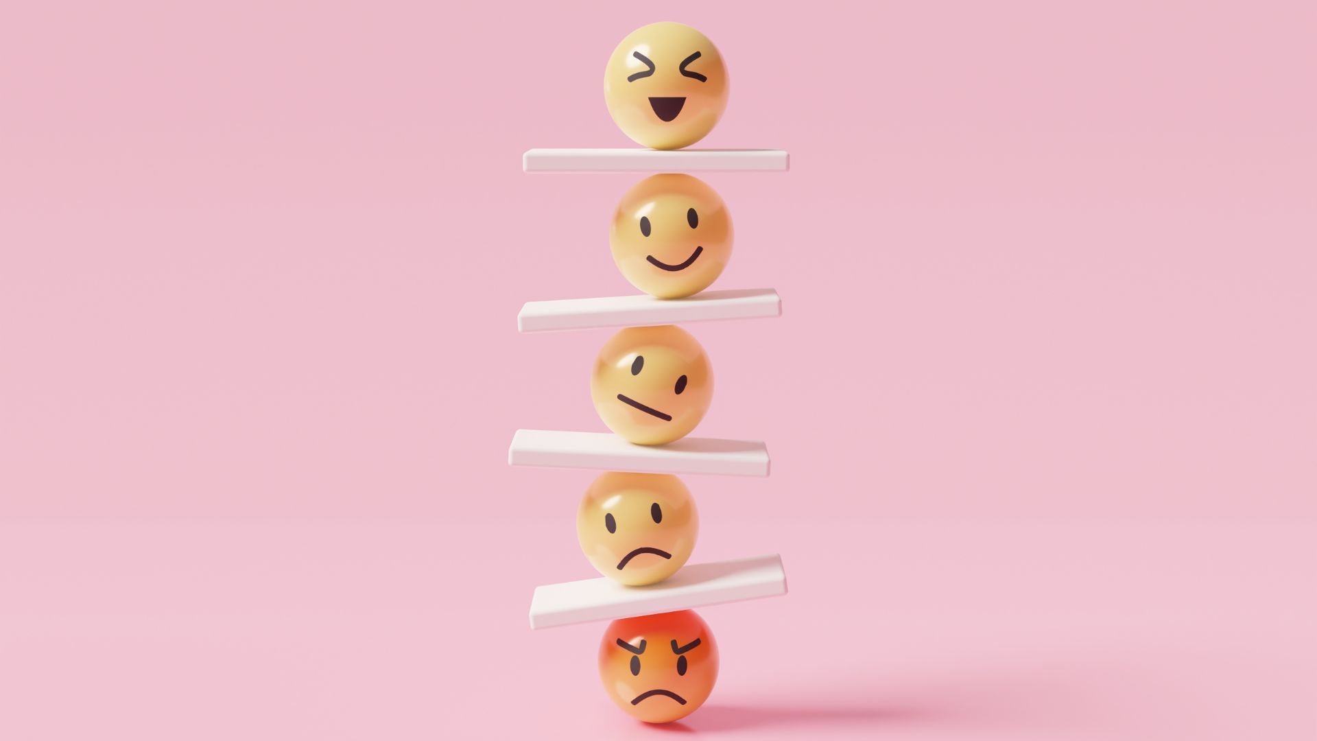 Five stacked emoji faces on a pink background, showing a range from angry to happy expressions