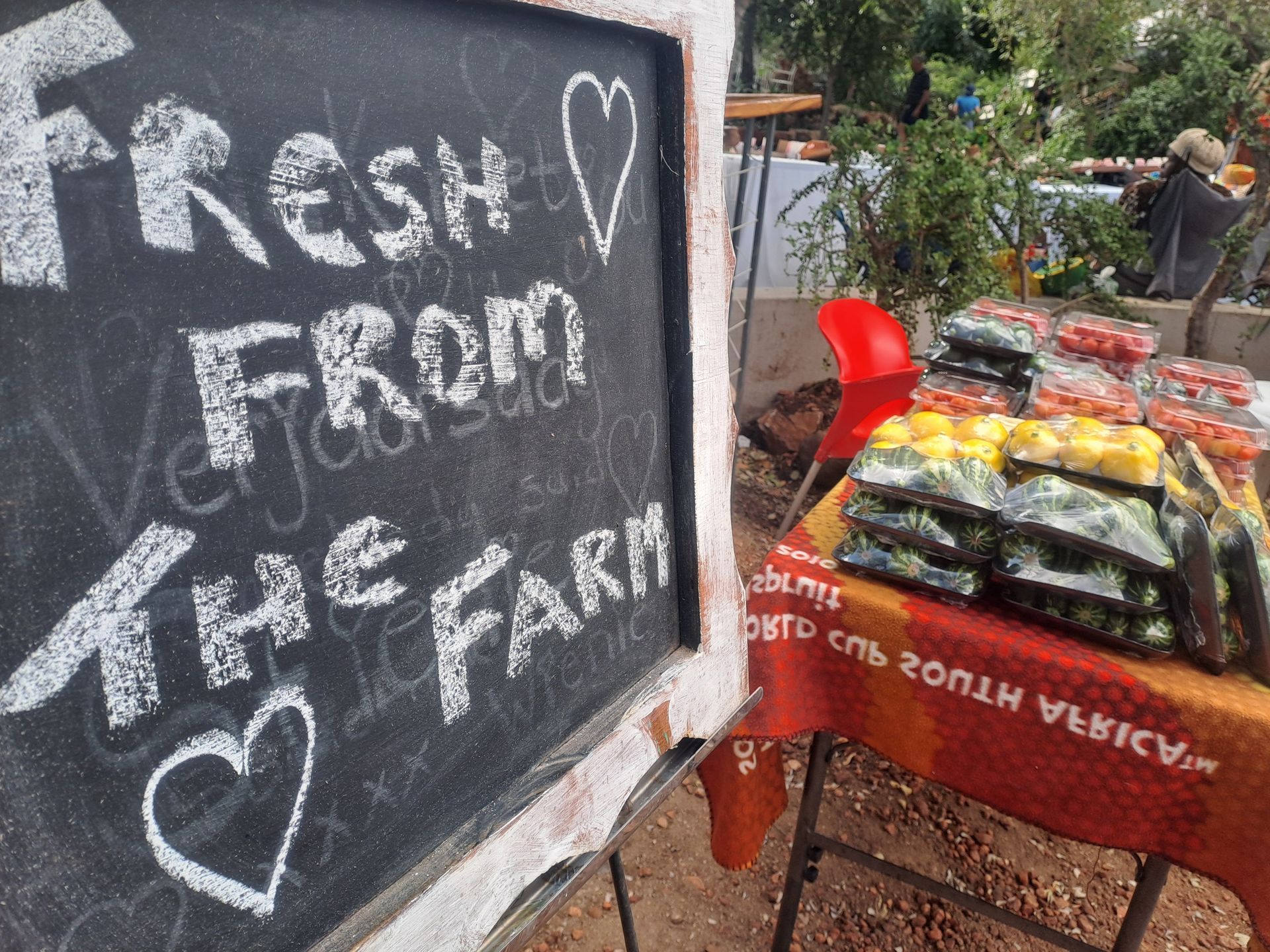 A chalkboard with the words fresh from the farm written on it