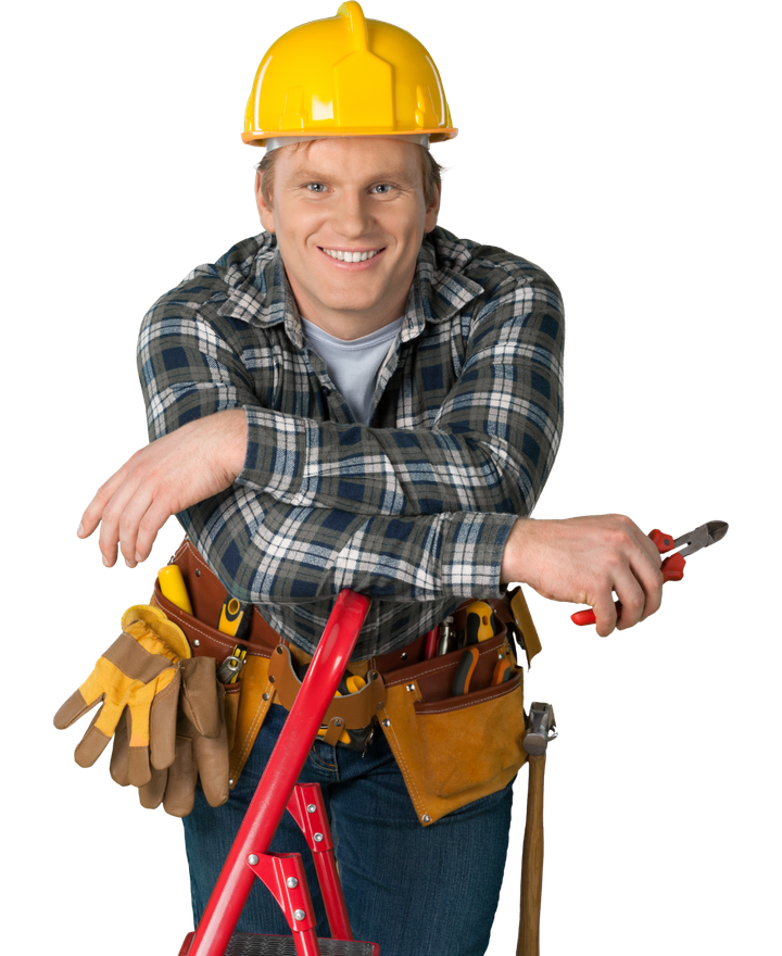 A man wearing a hard hat is leaning on a ladder