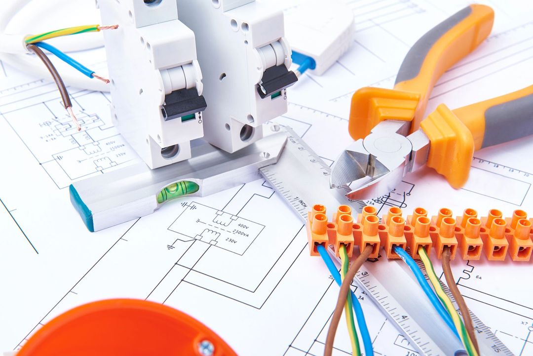 Componenti elettrici, fili e utensili su uno schema elettrico.
