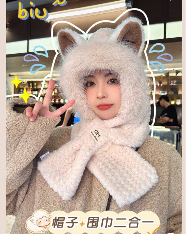 可愛狐狸加厚一體圍脖保暖護耳帽