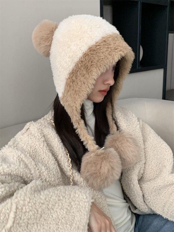 網美拚色護耳毛球帽