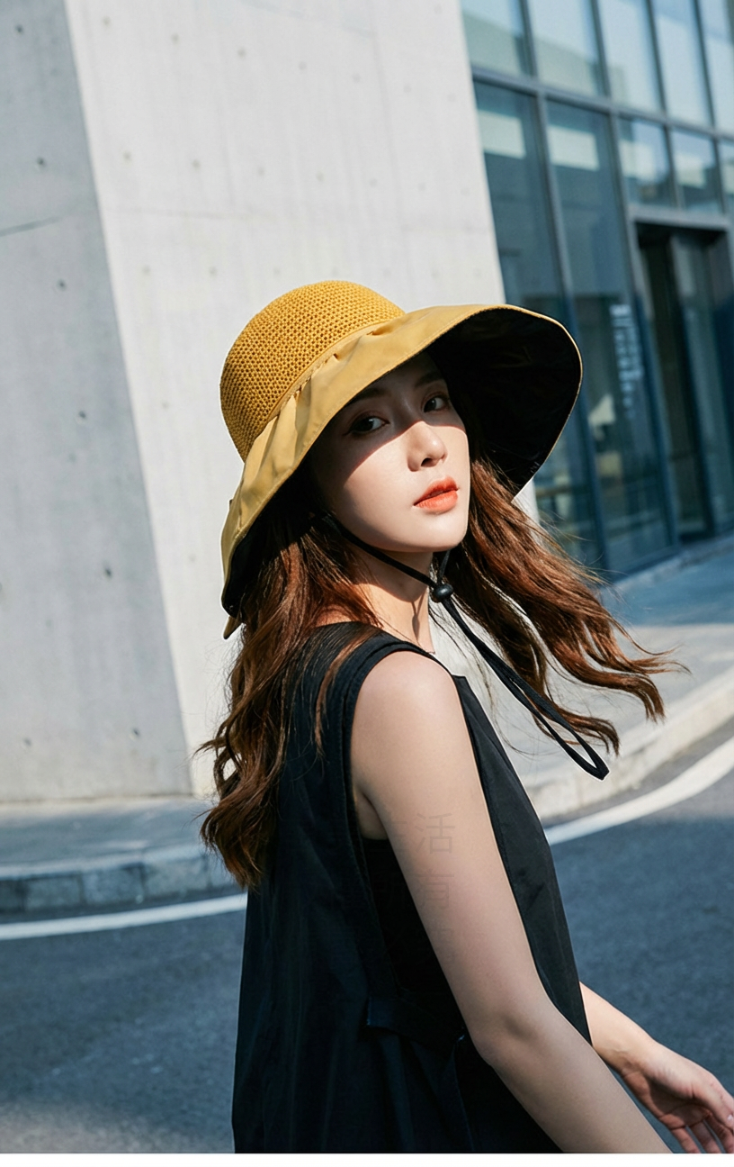 法式蝴蝶結大帽簷黑膠防曬帽