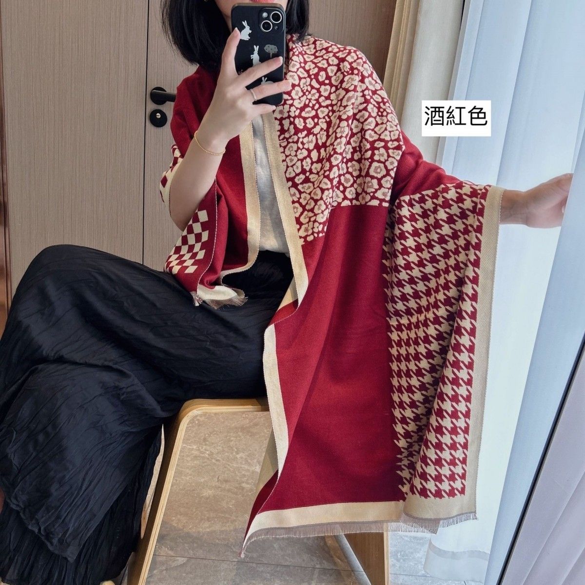 爆款千鳥格紋碎花仿羊絨披肩
