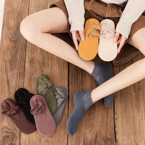 德絨蕾絲花邊防滑保暖襪(1組3雙)