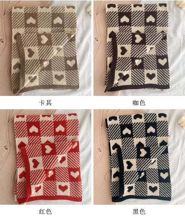 韓版雙面愛心格子針織圍巾