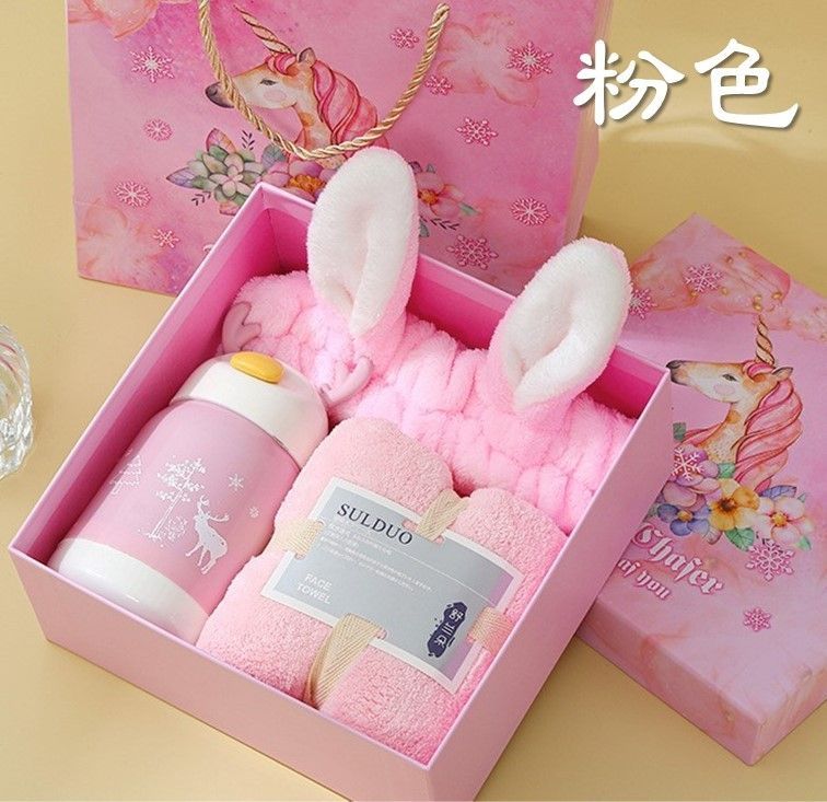 束髮帶毛巾鹿角玻璃水杯三件套禮盒