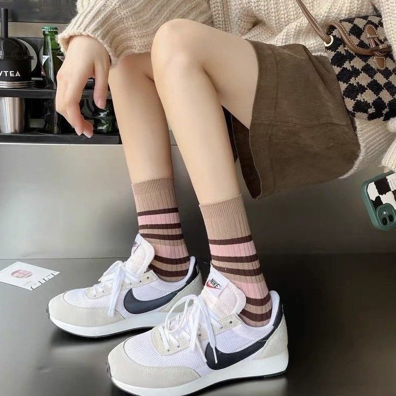 柔和暖色條紋中筒襪(1組5雙)